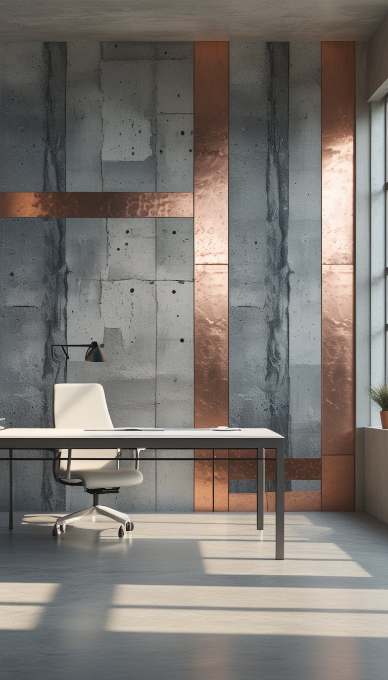 Modern office workspace with a large concrete and copper industrial mural on the wall behind a clean desk and chair.