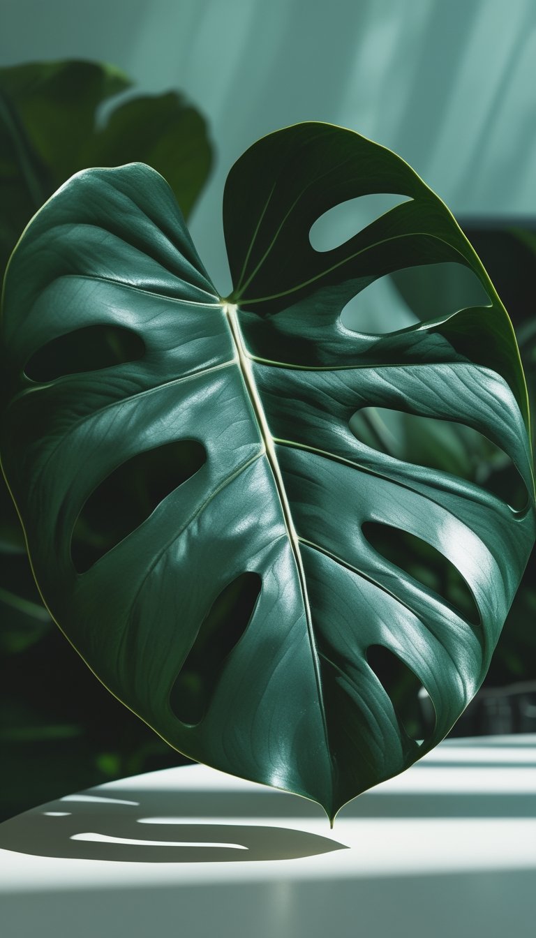 A close-up of a large dark green Monstera leaf with detailed texture and natural lighting.