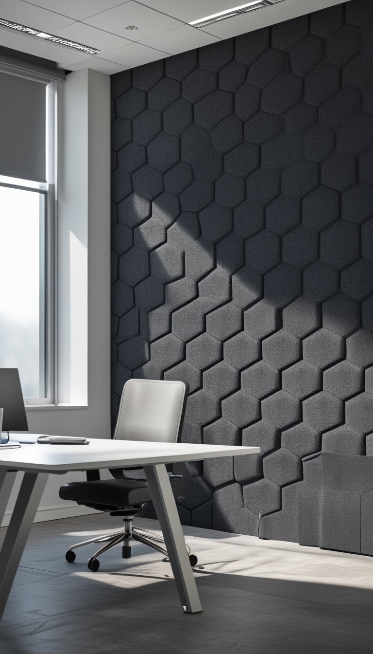 An office workspace with a desk and chair in front of a wall covered in dark hexagonal patterned wallpaper.