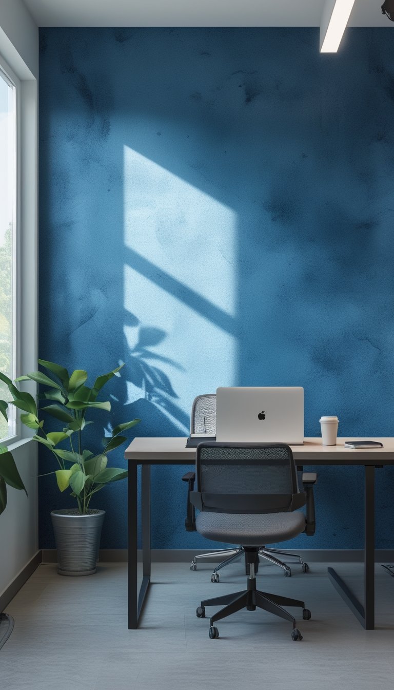 Modern office workspace with a blue textured wall, desk with laptop, notebook, coffee cup, and plants near a window.
