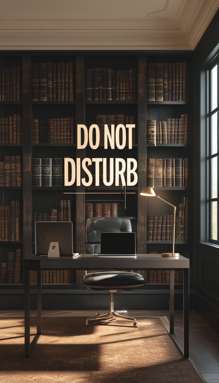 An office space with dark woodgrain wallpaper, a modern desk with a laptop and lamp, illuminated by natural light.