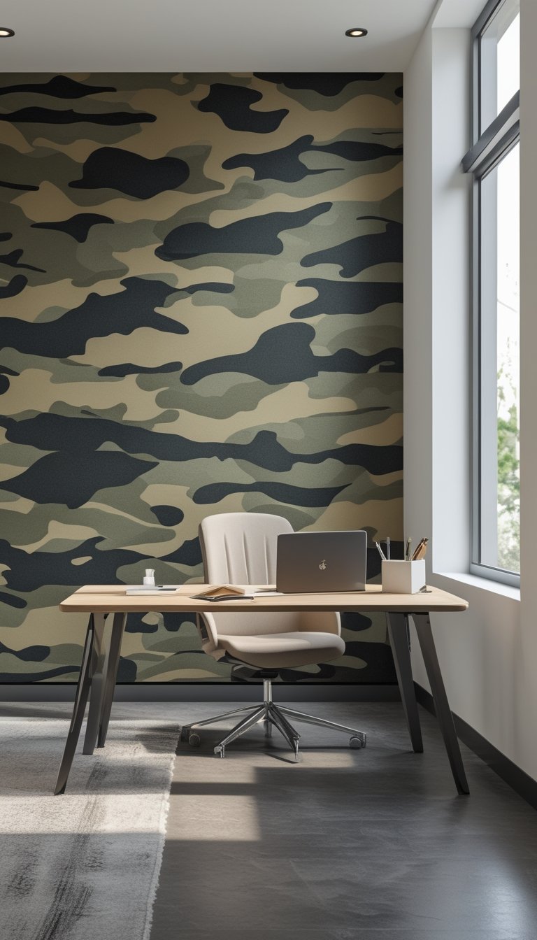 An office workspace with a desk and ergonomic chair in front of a wall covered in olive and charcoal camouflage patterned wallpaper.