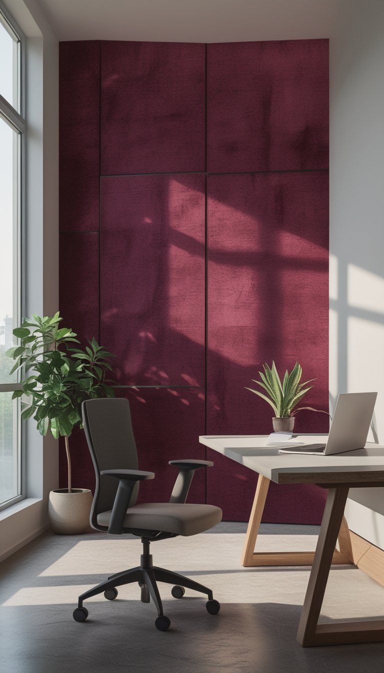 A modern office workspace with a deep burgundy velvet-textured accent wall, a wooden desk, ergonomic chair, laptop, and a small plant near large windows.