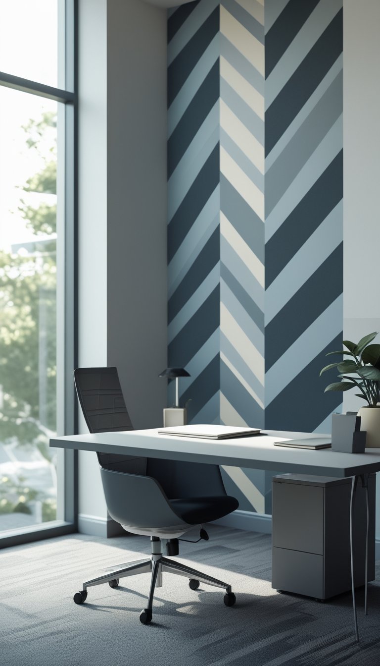 An office workspace with a desk and chair in front of a slate gray and cream chevron patterned wall.