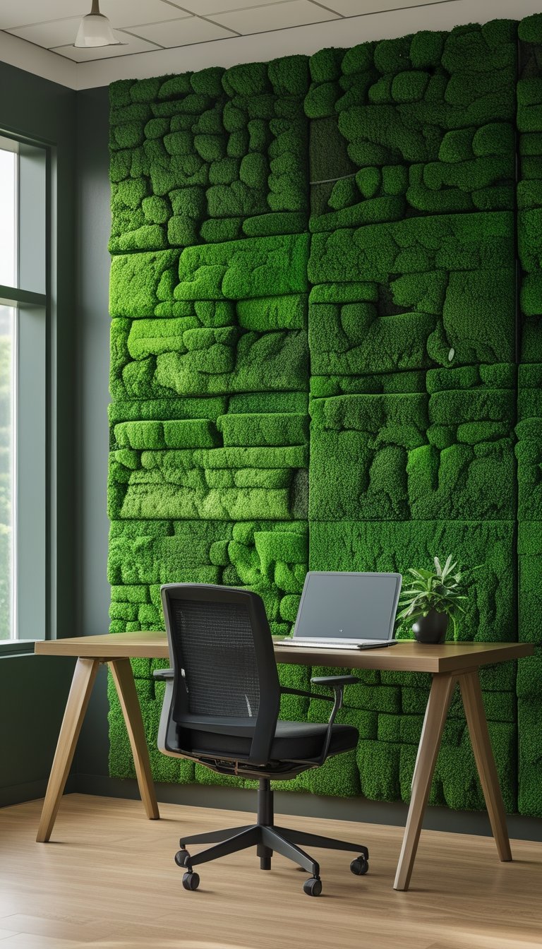 An office workspace with a wooden desk and chair in front of a wall covered with green moss paneling.
