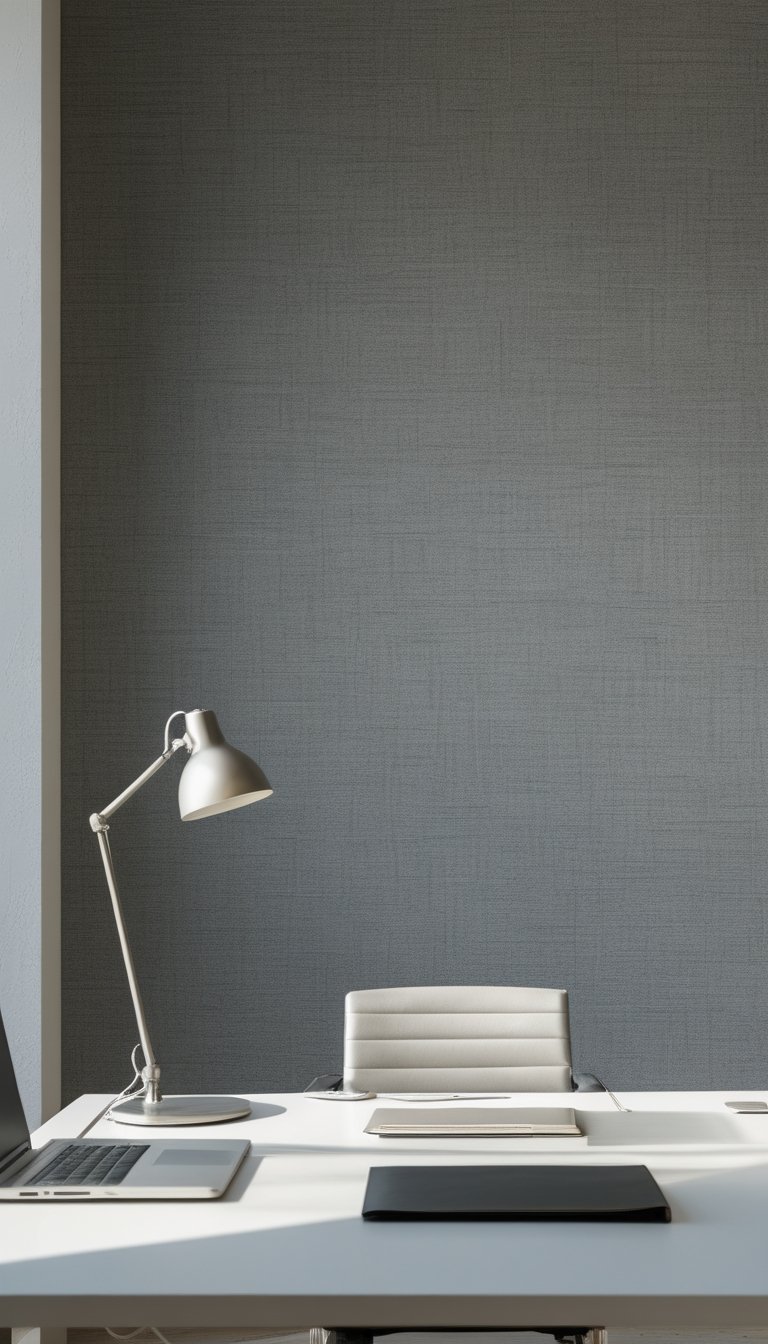 A modern office workspace with a desk and laptop in front of a gray linen-textured wallpapered wall.