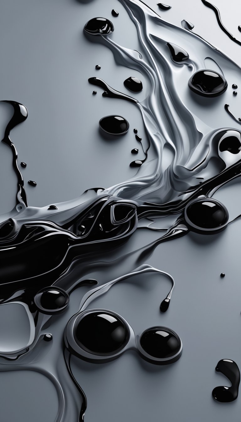 Abstract black and gray ink drops spreading and merging on a light gray background.