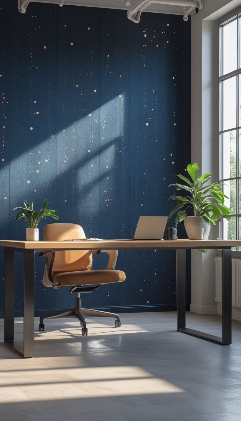 A modern office workspace with a wooden desk and ergonomic chair in front of navy blue wallpaper with tiny metallic speckles.