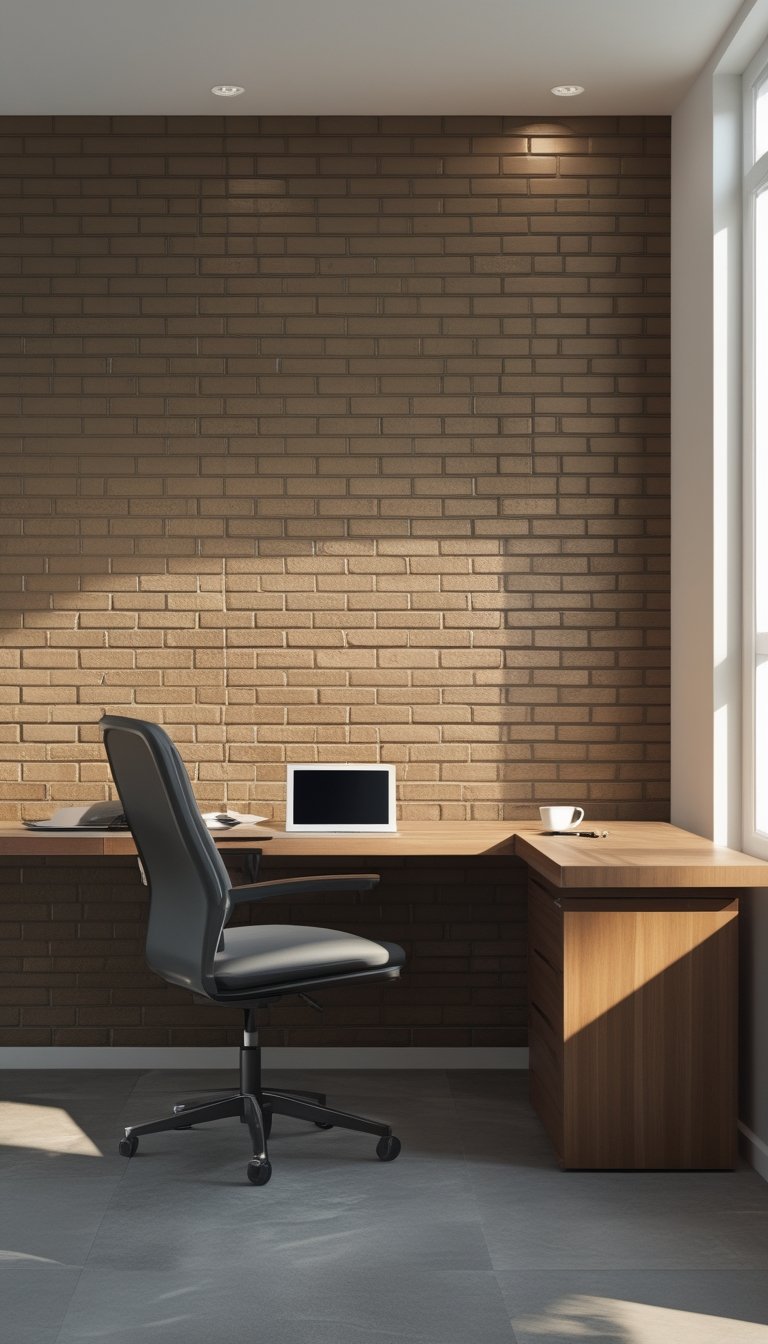 A modern office workspace with a wooden desk and chair set against a dark espresso brick-texture wall.