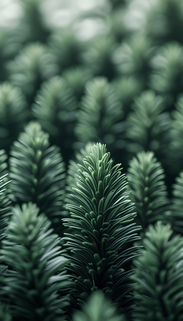 Close-up view of dark green pine needles arranged densely with soft lighting and a blurred background.