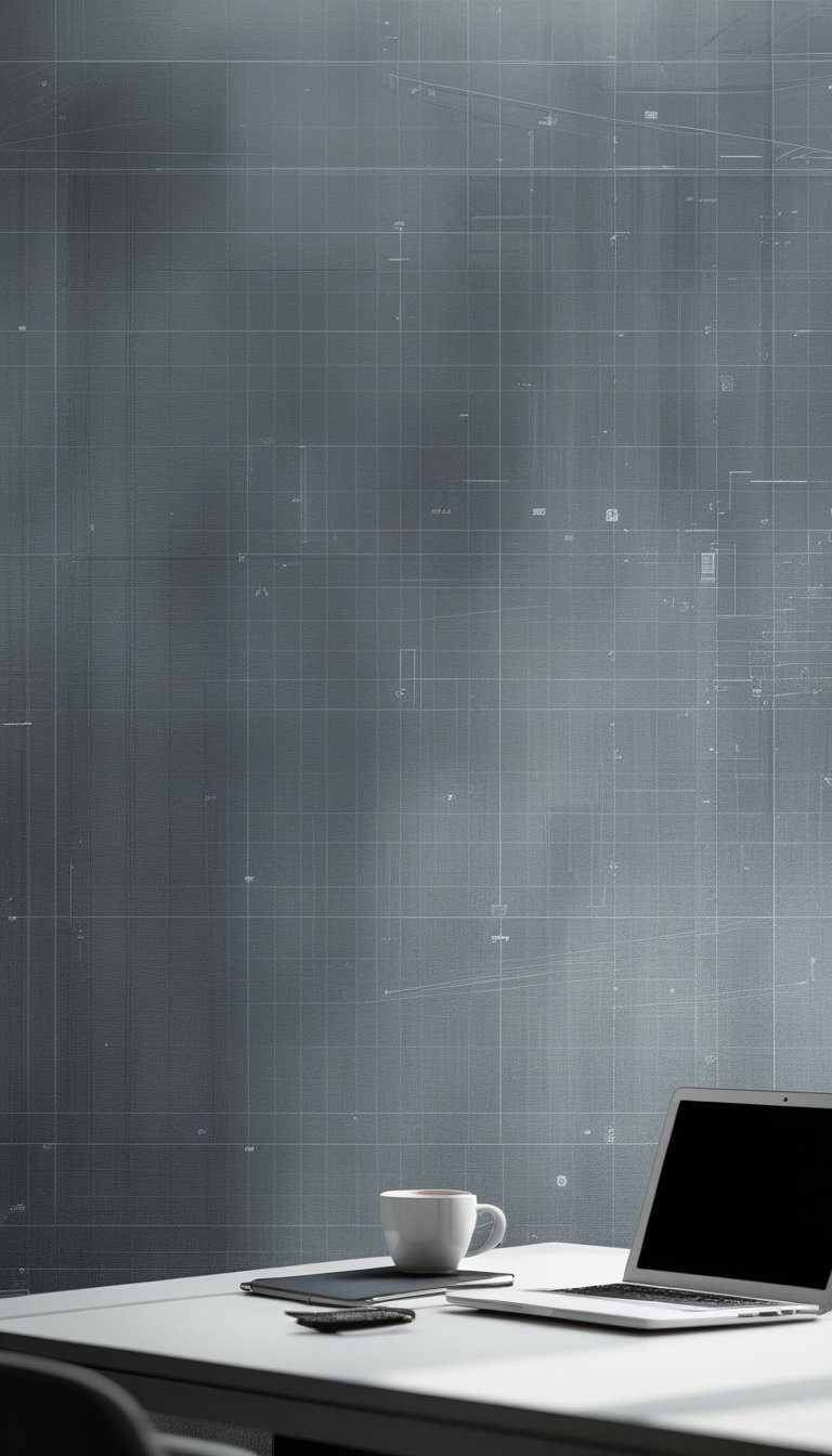A modern office workspace with a desk, laptop, notebook, and coffee cup against a gray grid background with faint blueprint lines.