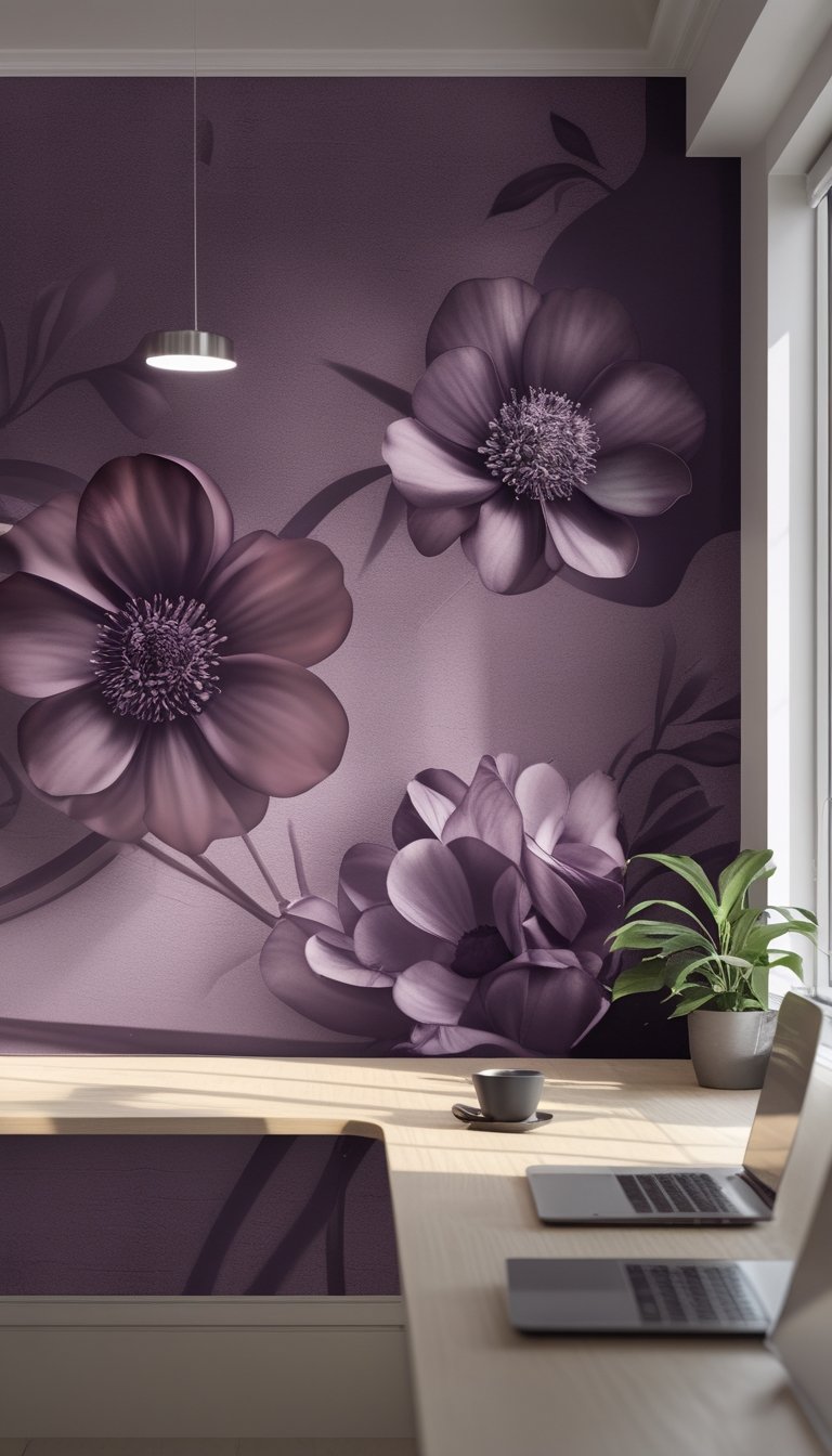 An office interior with a dark plum floral mural on the wall, a wooden desk with a laptop, coffee cup, and plant, illuminated by natural light.