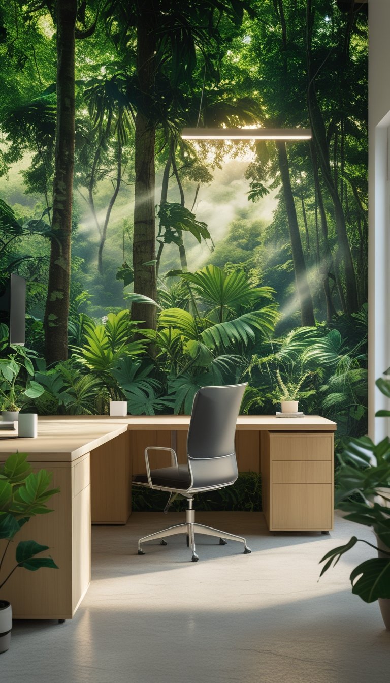 Office interior with a large rainforest mural covering the entire wall, surrounded by modern furniture and plants.