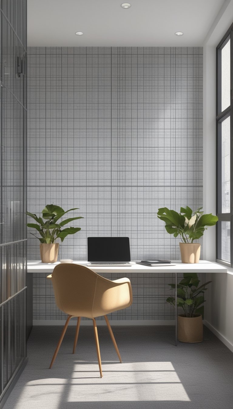 Modern office interior with subtle gridlines wallpaper, a clean desk with a laptop, notebook, coffee cup, and plants, illuminated by natural light.
