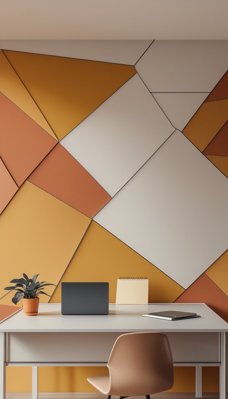 Office desk in front of a warm-toned geometric accent wall with mustard yellow and terracotta colors, featuring a laptop, notebook, and a small plant.