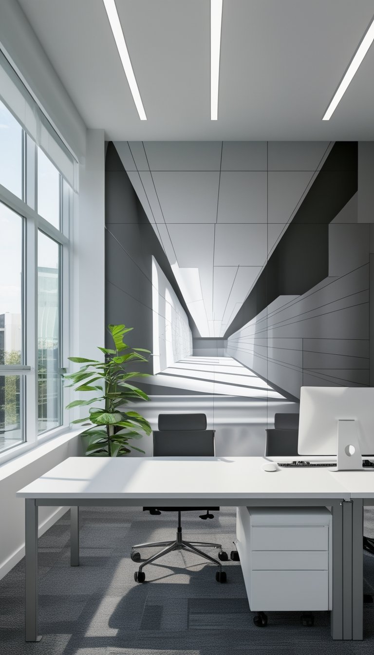 A modern office interior with a large monochrome mural on the wall and a clean, organized desk near windows letting in natural light.