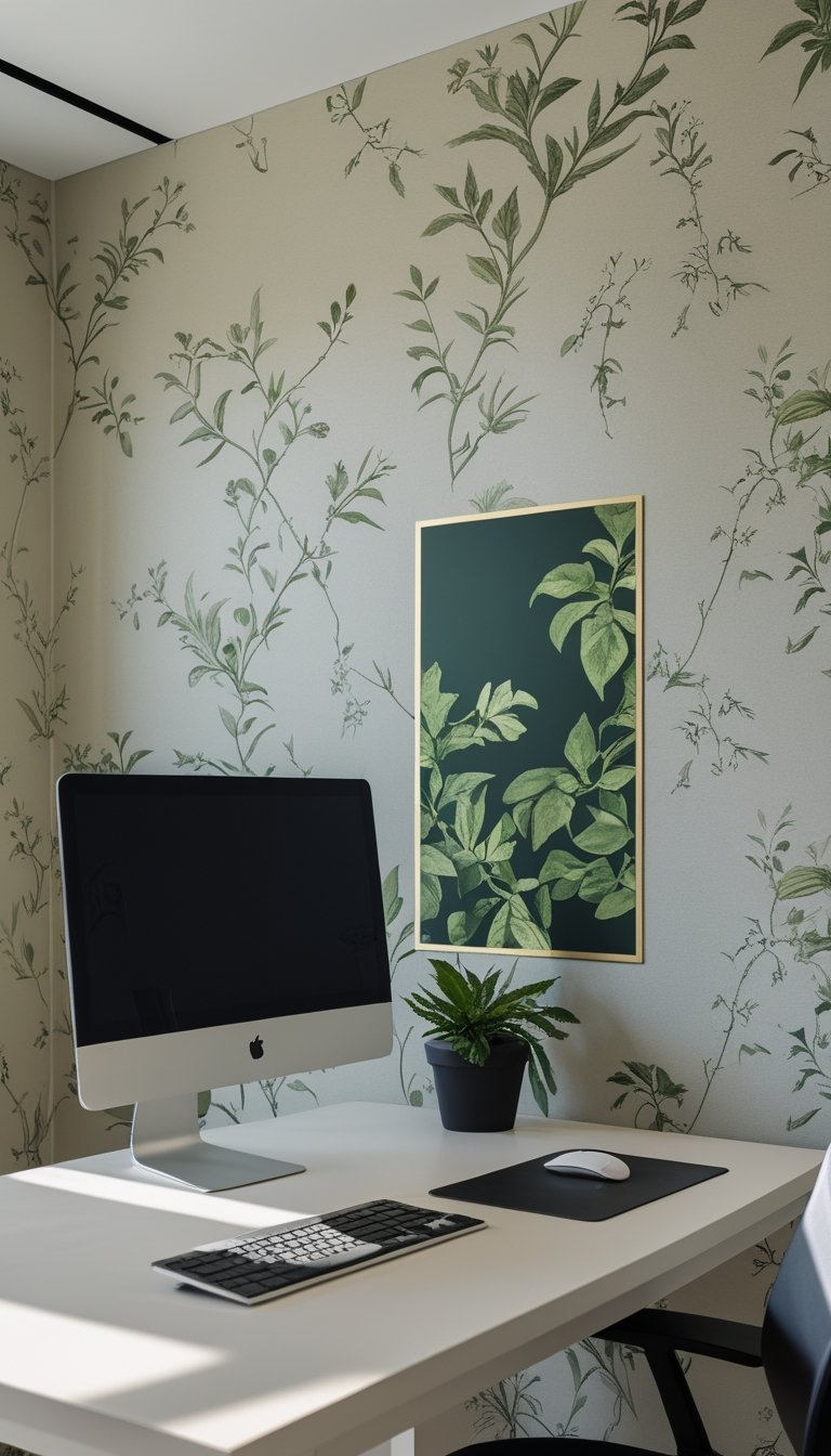 Office workspace with muted botanical wallpaper and a high-contrast plant panel near a computer monitor on a tidy desk.