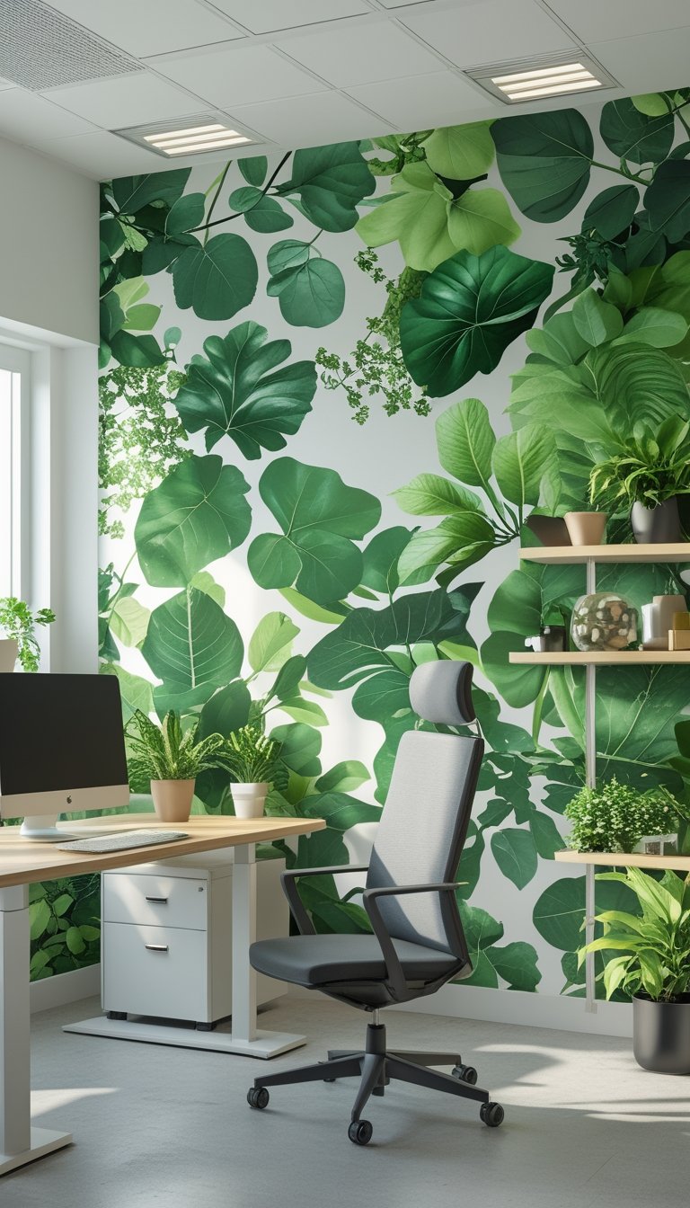 A bright office with a green leafy wallpaper, a desk with a computer, plants, and natural light coming through windows.