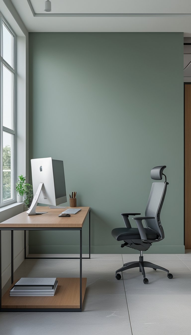 Modern office workspace with a muted sage green accent wall, wooden desk, computer, office chair, and a small plant.