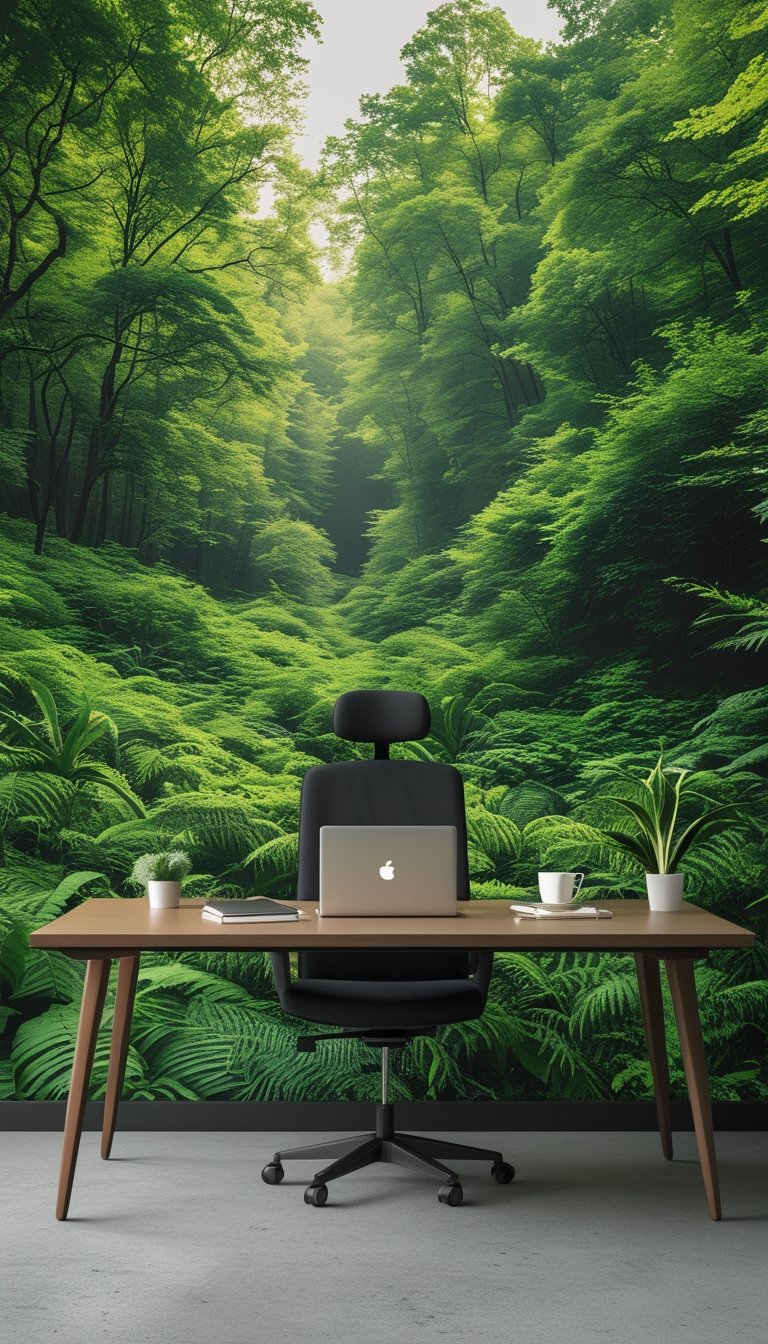 Office workspace with a large green forest mural behind a wooden desk with a laptop, plant, notebook, and coffee cup.