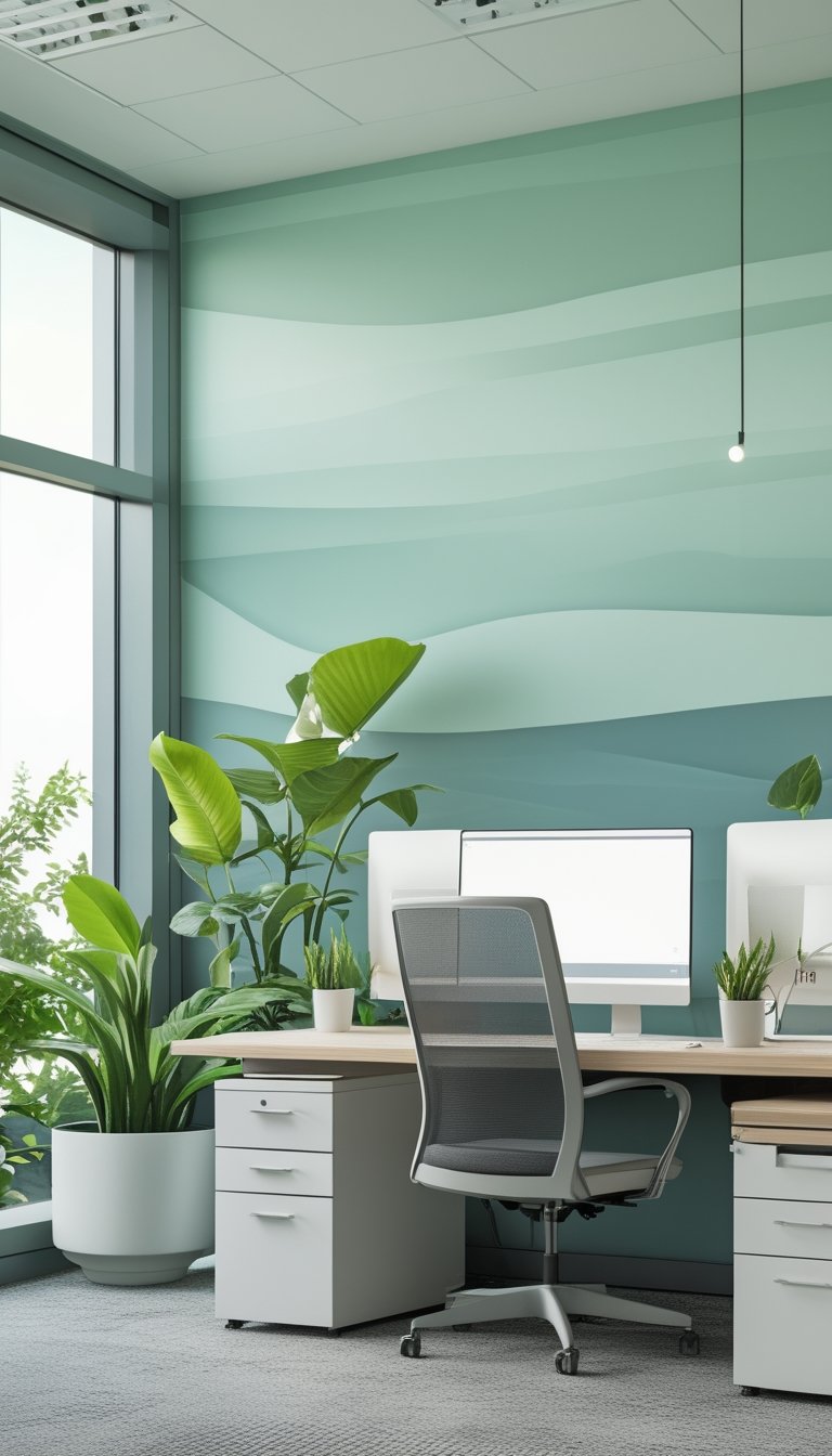 Modern office interior with pale mint gradient wallpaper, ergonomic furniture, green plants, and natural lighting.
