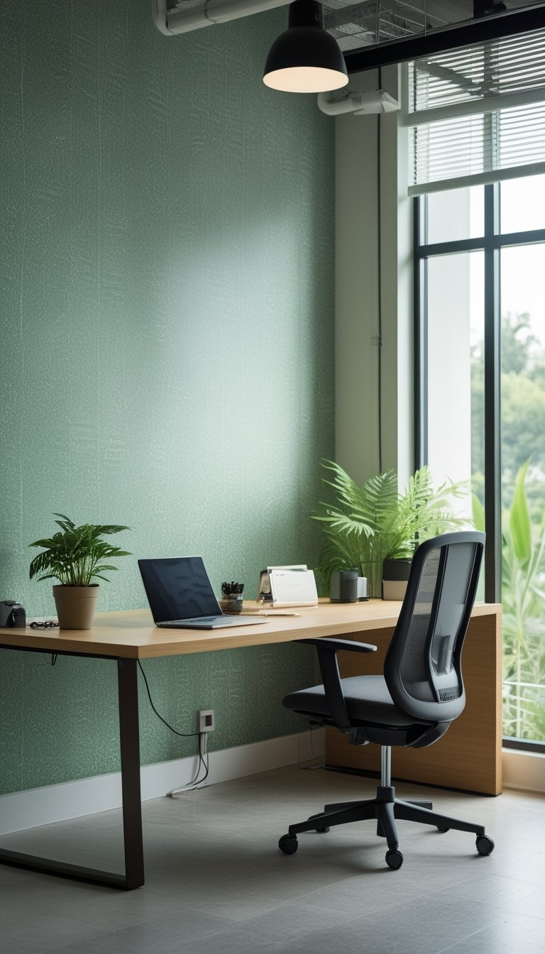 A modern office with a desk and chair in front of a green fern-patterned wallpaper wall, illuminated by natural light from large windows.