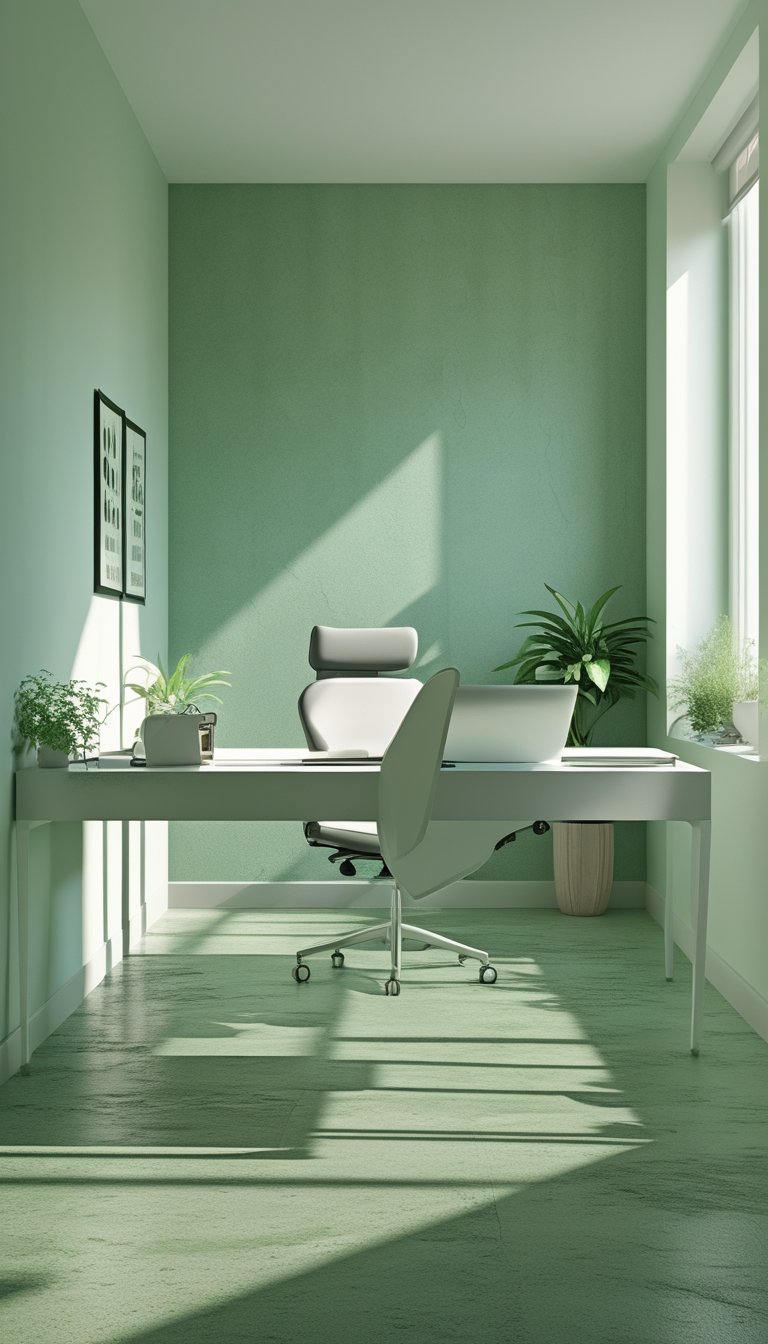 A modern office interior with seafoam green textured walls, a desk, chair, and plants near large windows.