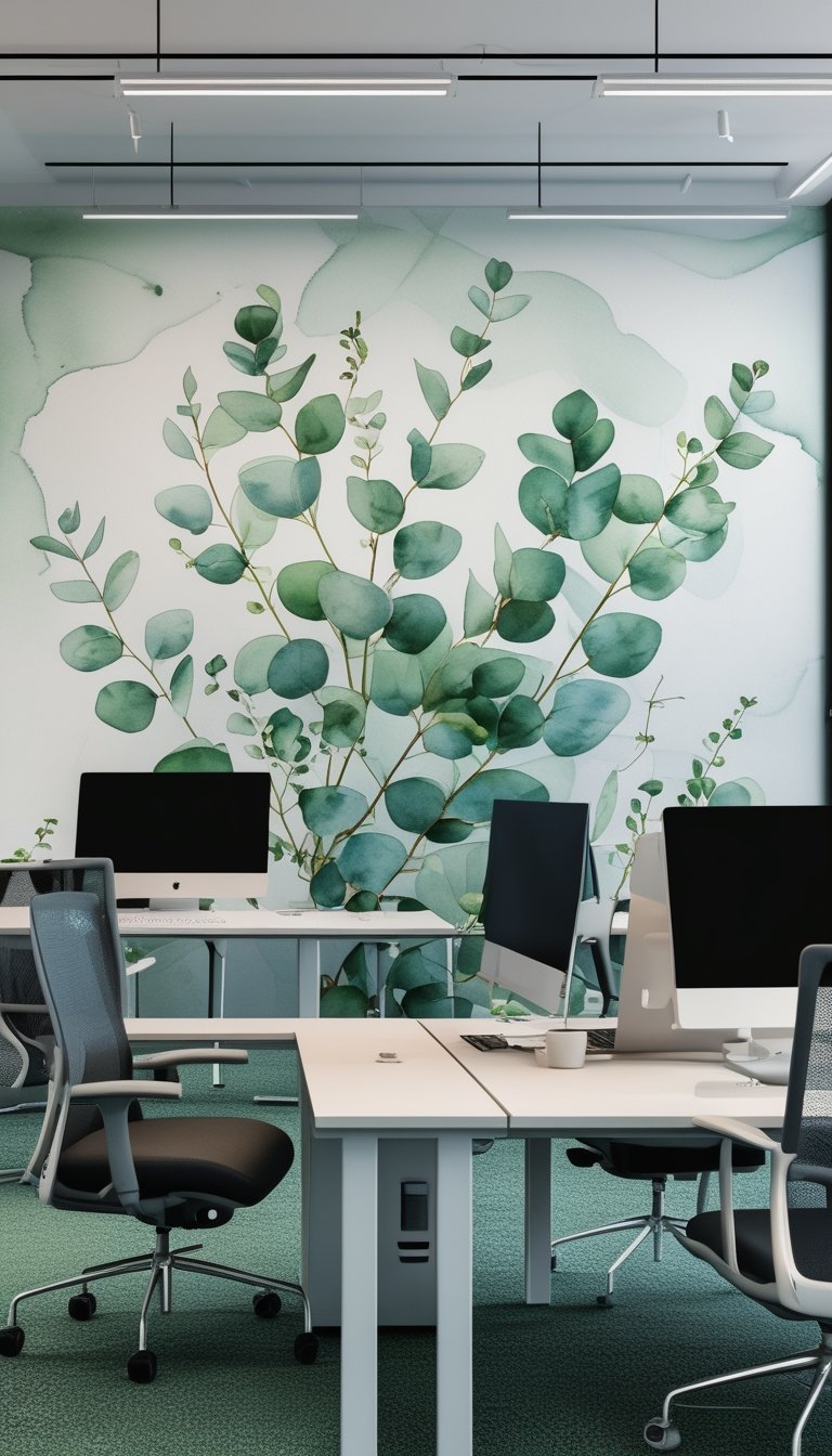 Modern office interior with a large green eucalyptus mural on the wall and ergonomic workstations.