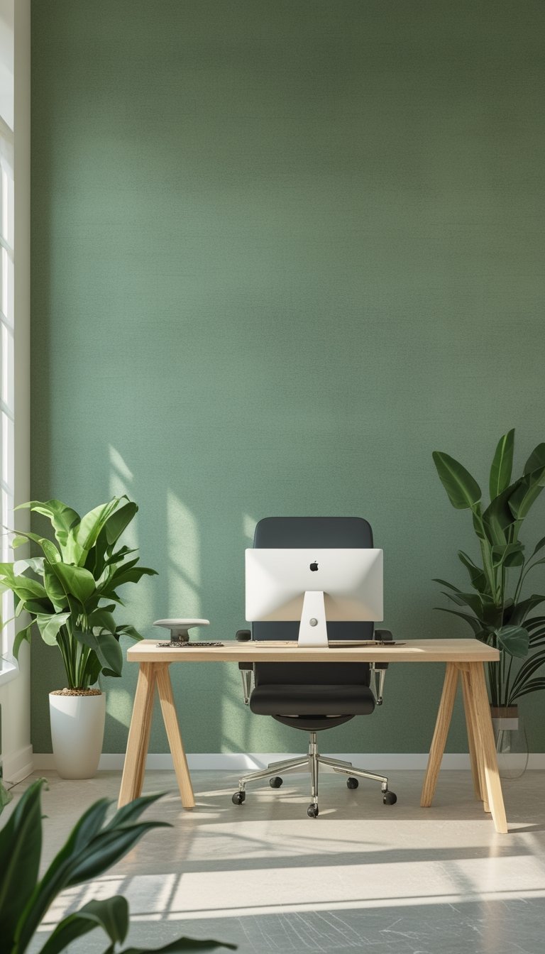 A modern office with sage green linen-textured wallpaper, a wooden desk, computer, ergonomic chair, and green plants.