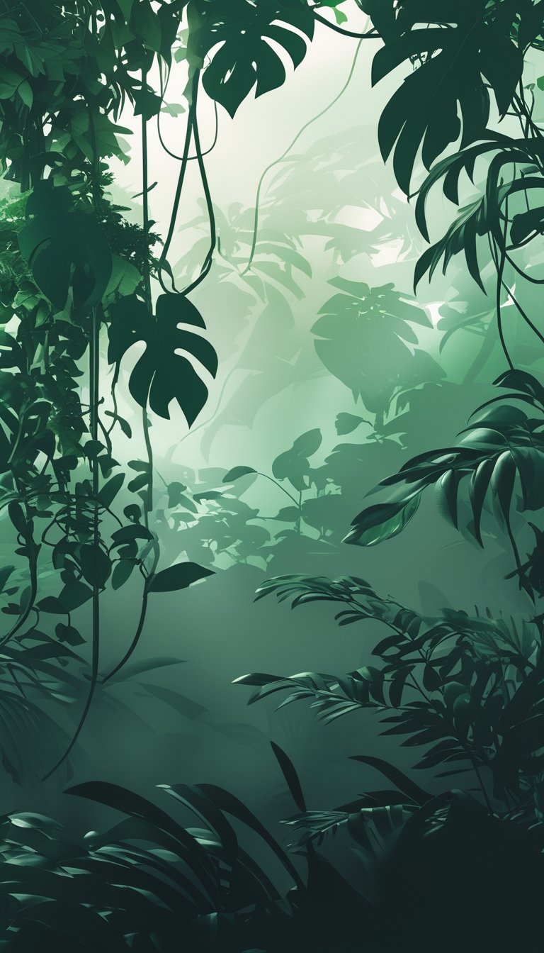 A silhouette of dense jungle foliage with various tropical leaves and branches in soft green tones.