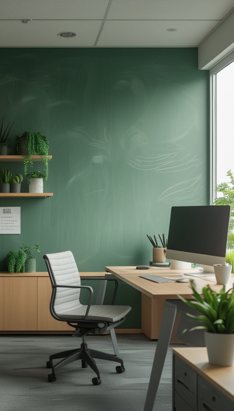 A modern office with a moss green chalkboard wall, wooden desk, computer, ergonomic chair, and small potted plants.