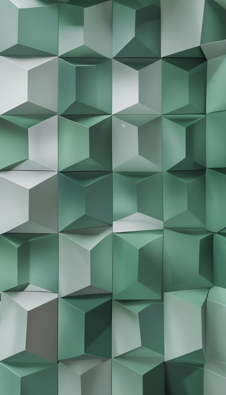 Close-up of a wall covered with green and gray geometric tiles in a repeating pattern.