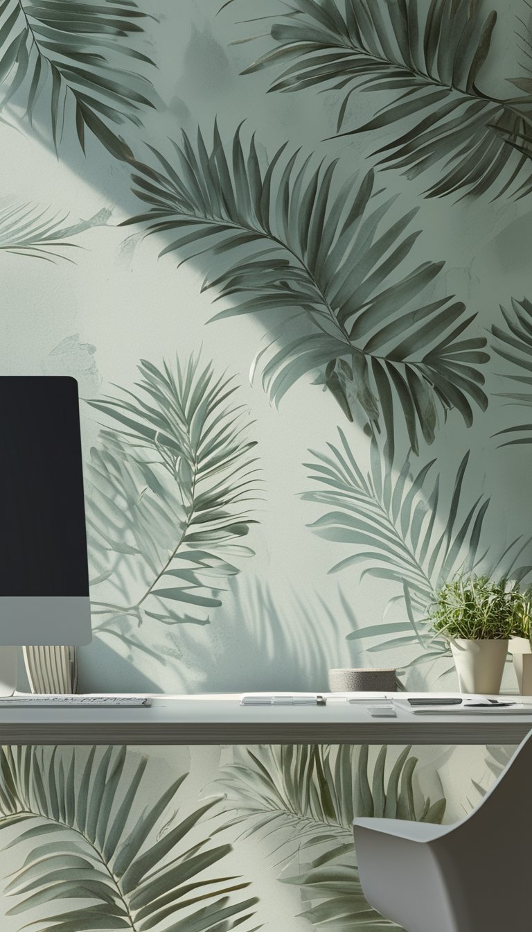 Close-up of a muted green palm leaf wallpaper in a modern office with a desk, computer, and plant.
