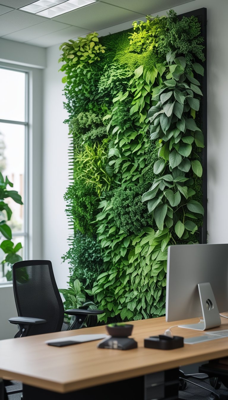 An office space with a large green living wall covered in plants next to a desk with a computer and chair.