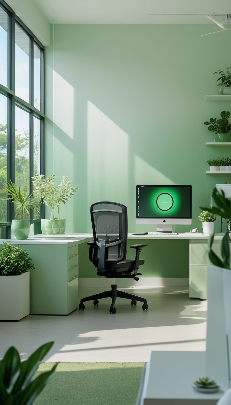 A modern office with a soft green gradient wall, desk, chair, computer, and several potted plants.