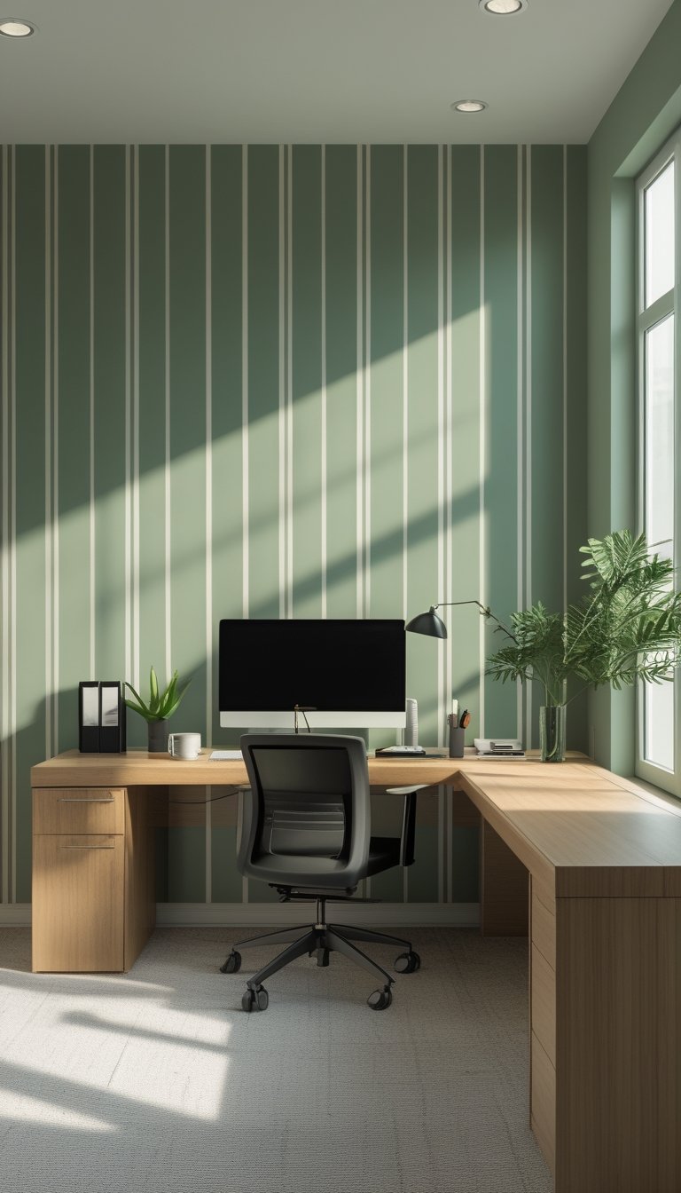 Office interior with a wooden desk, computer, chair, plant, and a green striped accent wall in the background.