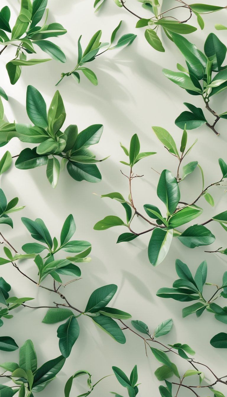 A seamless pattern of green tea leaves and botanical elements on a light background, creating a calming natural design.