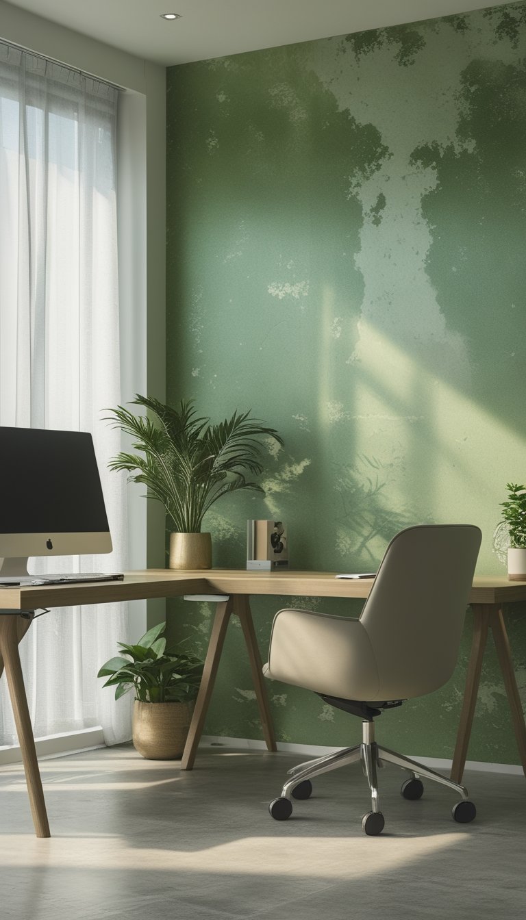 Modern office interior with a green textured accent wall, wooden desk, ergonomic chair, computer monitor, natural light, and potted plants.