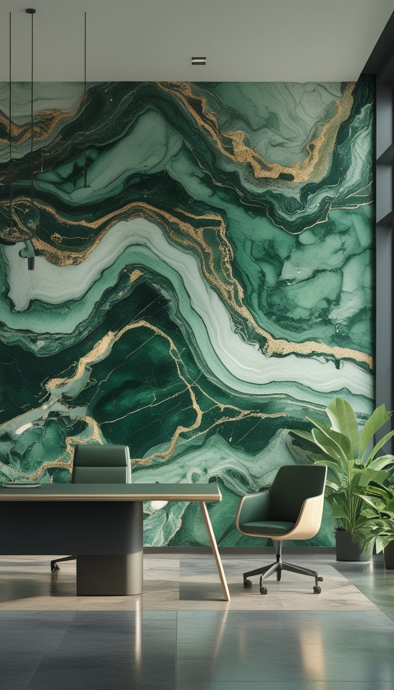 Modern office interior with a large green marble patterned wall, wooden desk, ergonomic chair, and green plants illuminated by natural light.
