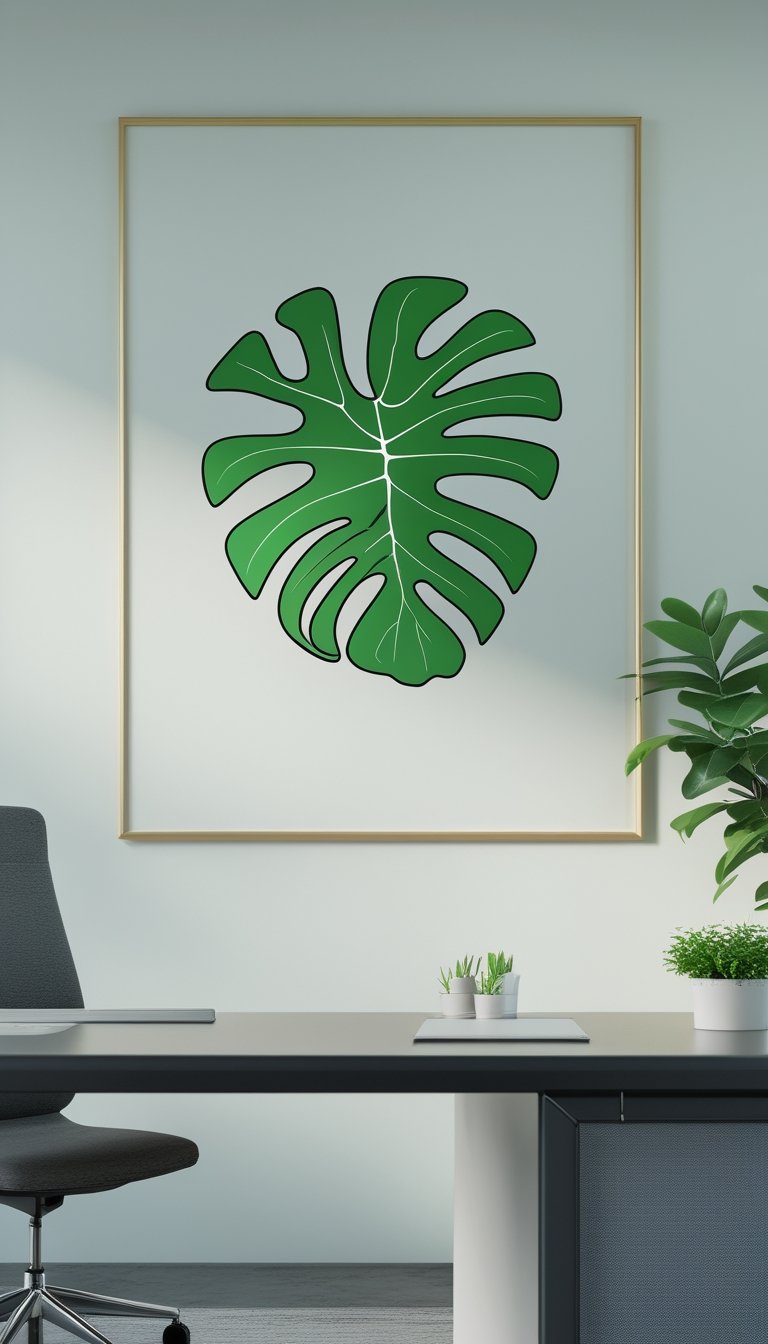 A modern office space with a green Monstera leaf artwork on the wall and minimal office furniture.
