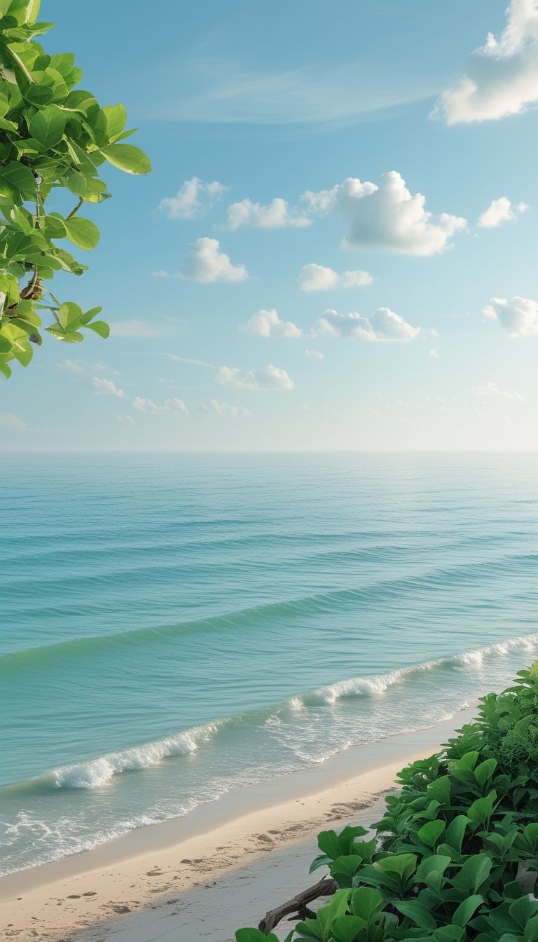 A calm ocean shore with light blue water, green plants, and a clear sky.