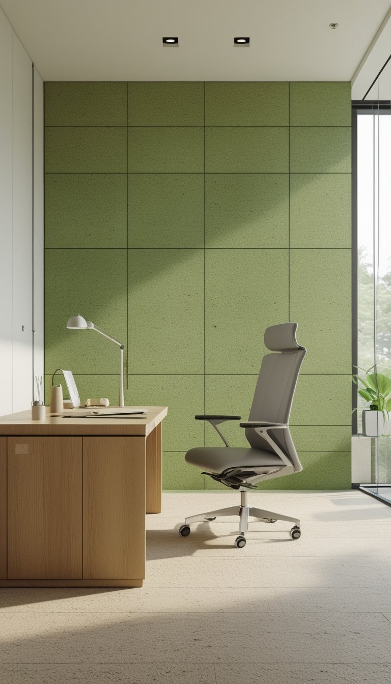 An office workspace with green cork wall panels behind a wooden desk and chair, lit by natural light from large windows.