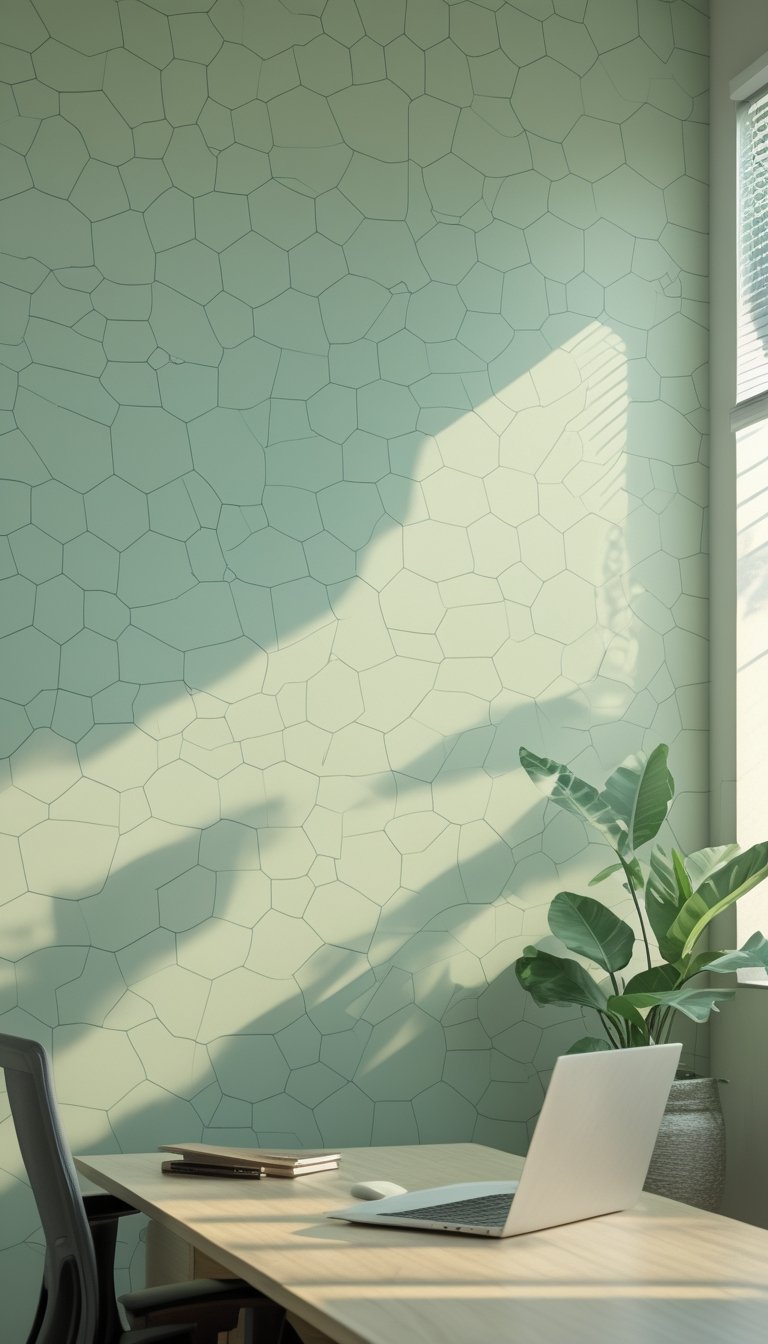 A modern office workspace with a wooden desk, laptop, potted plant, and pastel green hexagon patterned wallpaper in the background.
