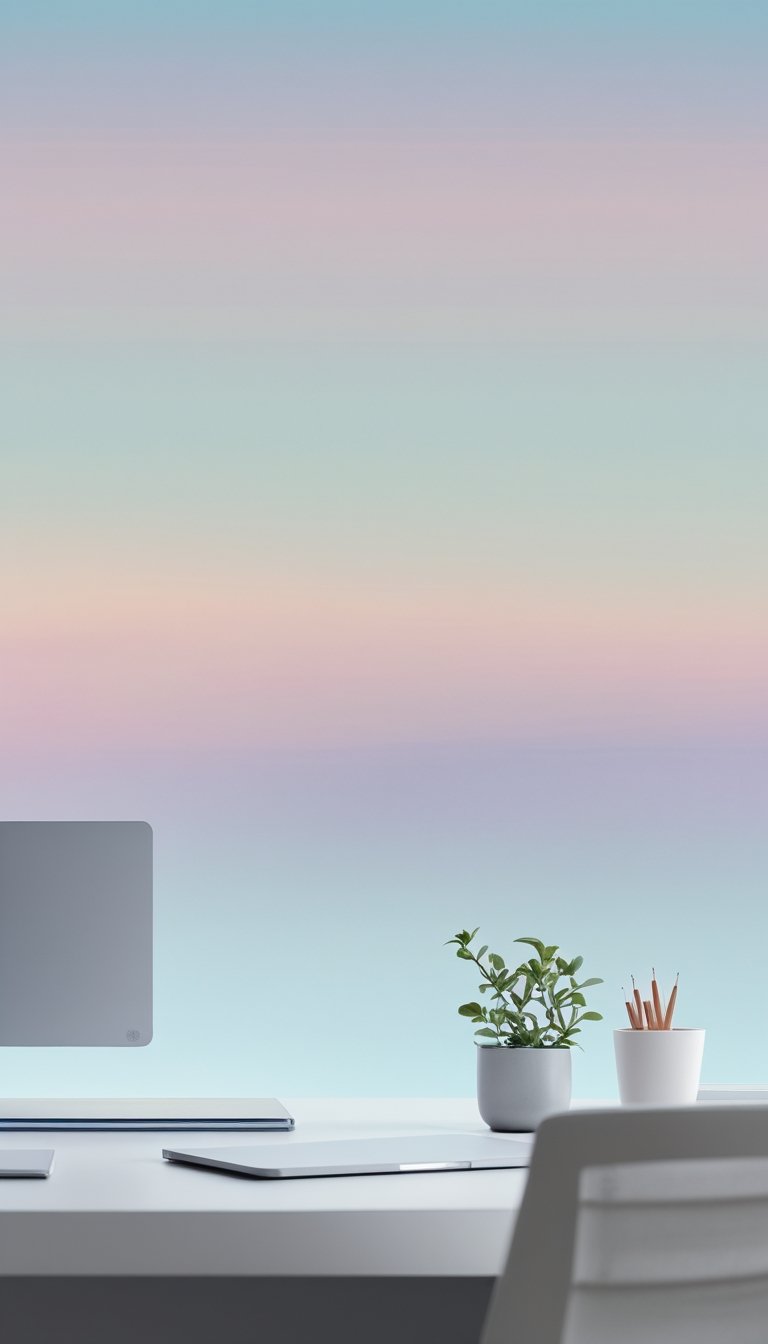 A calm office workspace with a desk in front of a wall showing a soft gradient sky transitioning from pastel pink to light blue.