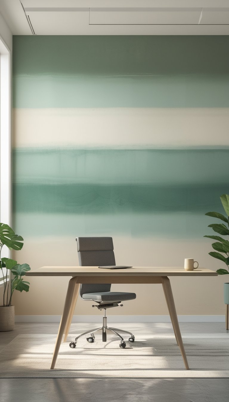 A modern office with a large wall mural fading from muted sage green to cream, featuring a wooden desk, ergonomic chair, plants, and natural light.
