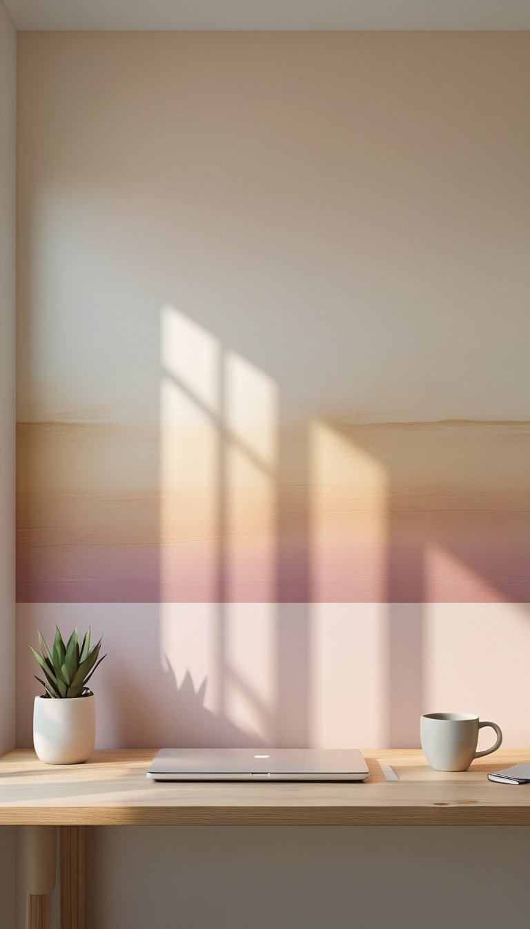 A modern office workspace with a wooden desk, laptop, plant, and coffee cup in front of a wall with a warm sand to blush pink gradient.