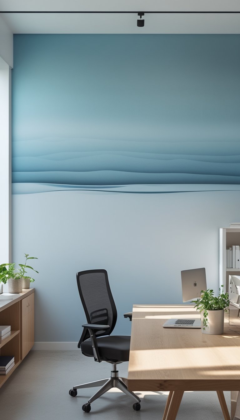 A modern office workspace with a large blue-to-gray gradient wall, a wooden desk with a laptop and plant, and natural light coming through windows.