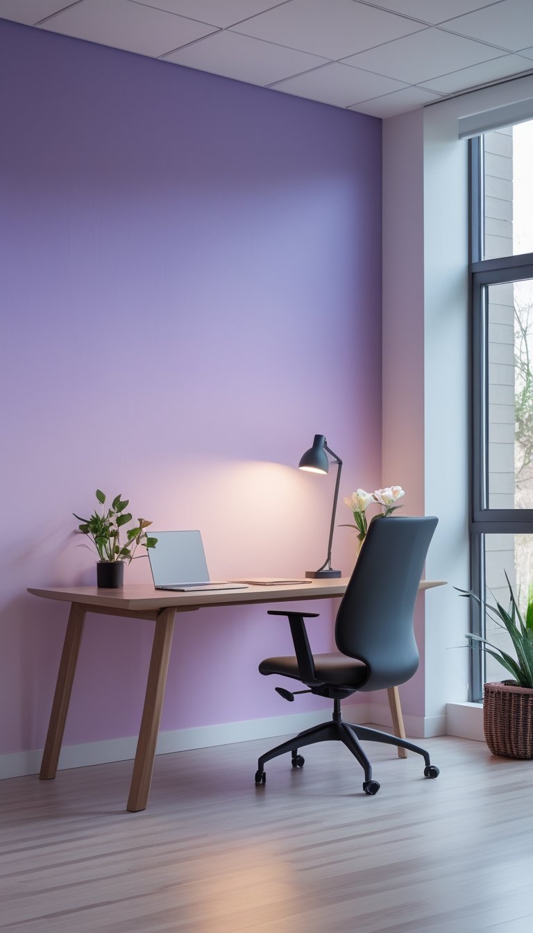 A bright office workspace with a wooden desk and ergonomic chair in front of a lavender gradient accent wall, featuring a laptop, plant, and desk lamp.