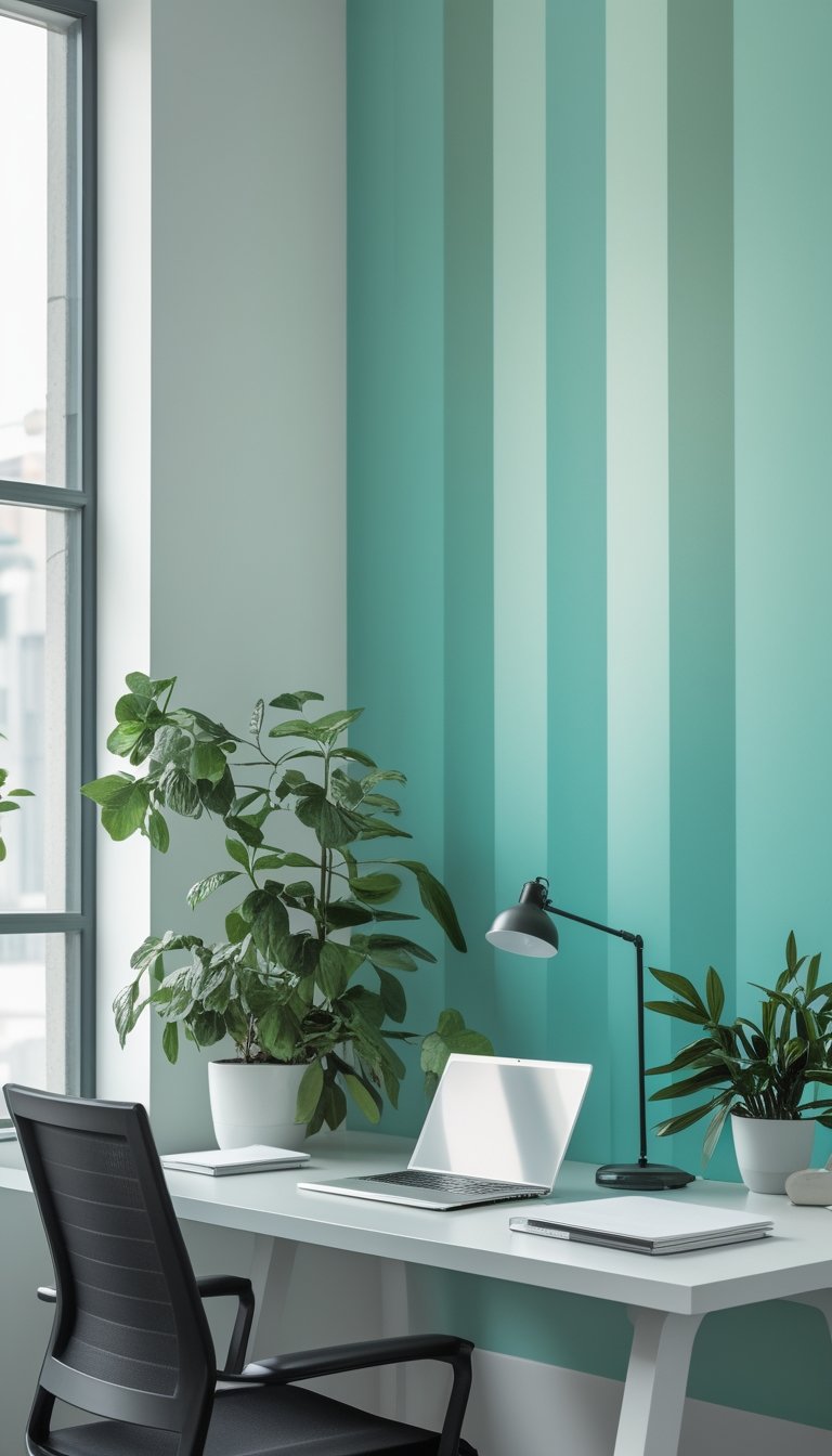 A modern office desk with a laptop, plant, notebook, and lamp in front of a seafoam green vertical gradient wall.