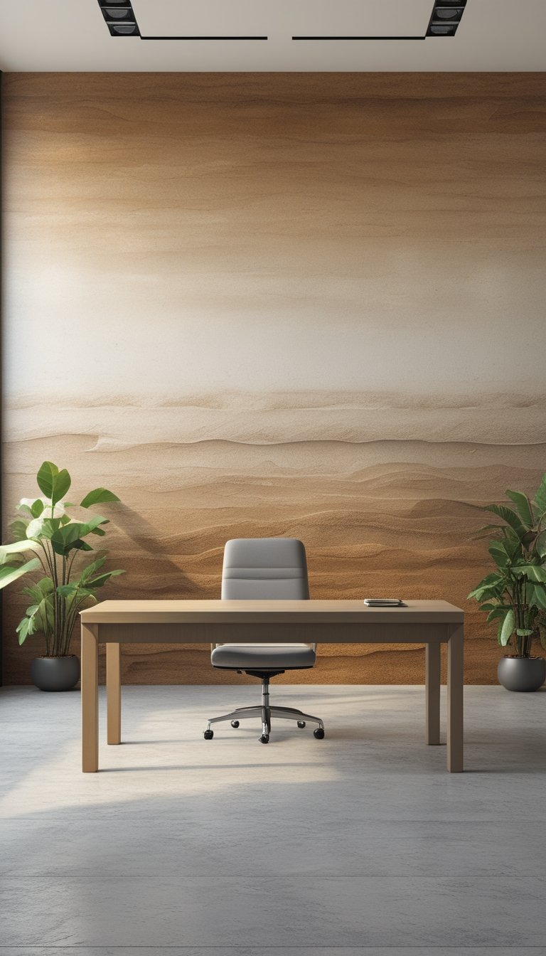 Modern office interior with a gradient wall transitioning from warm stone colors to white, featuring a desk, chair, and plants in a calm workspace.